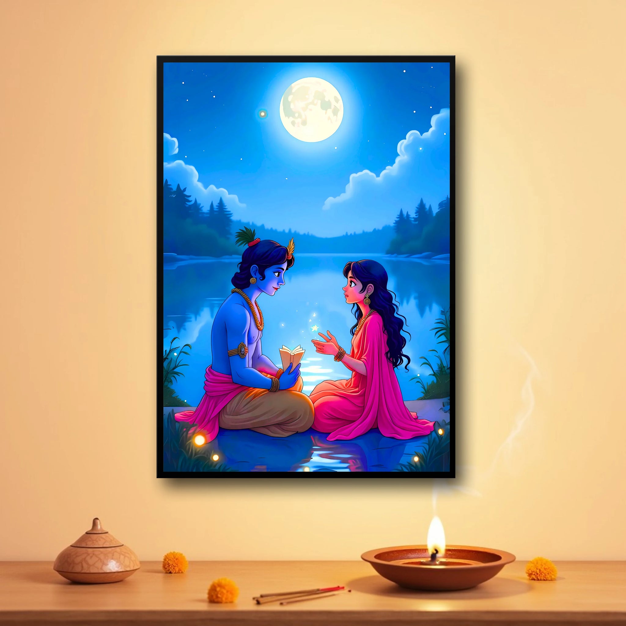 Radha Krishna: Moonlight Frame - A4 Size