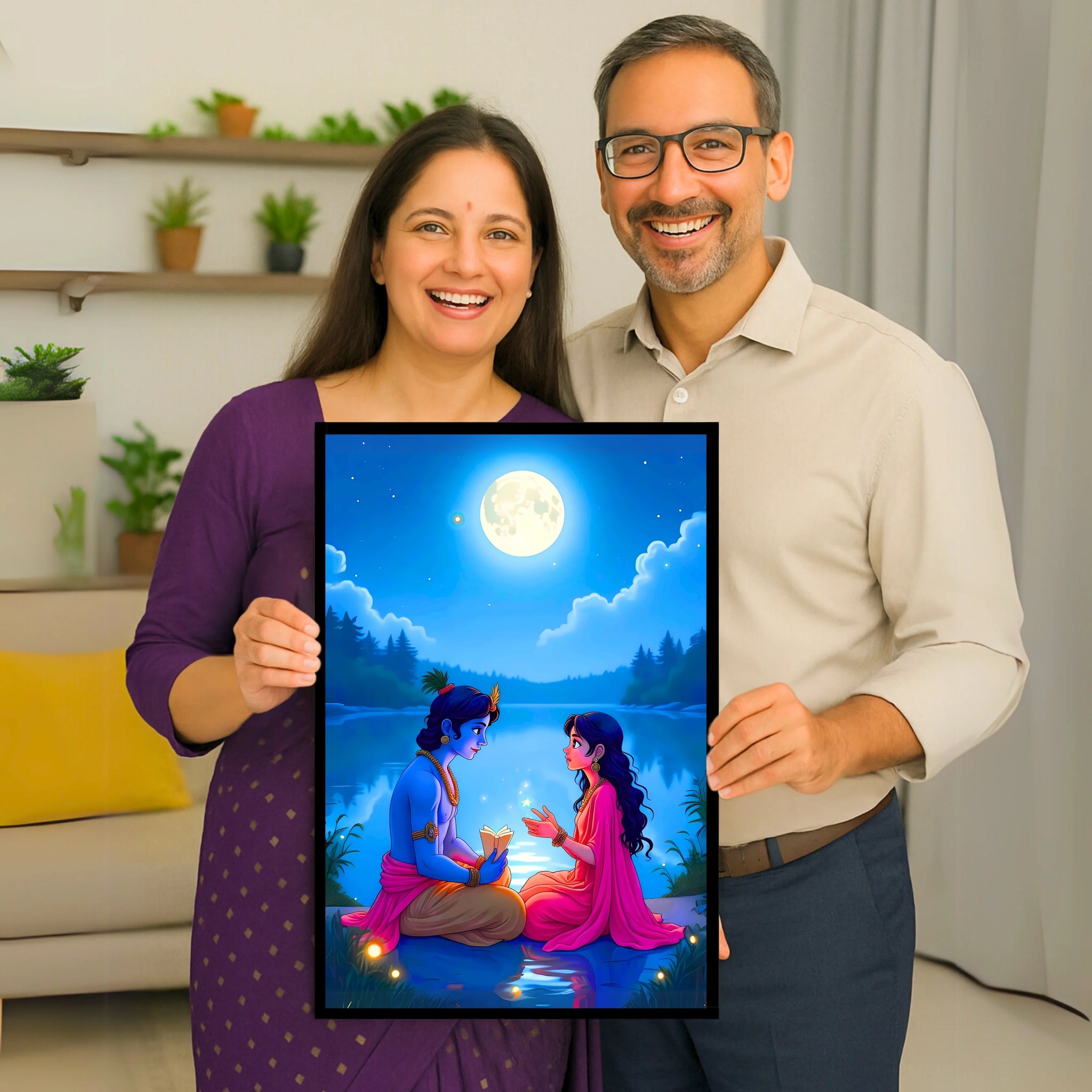 Radha Krishna: Moonlight Frame - A4 Size