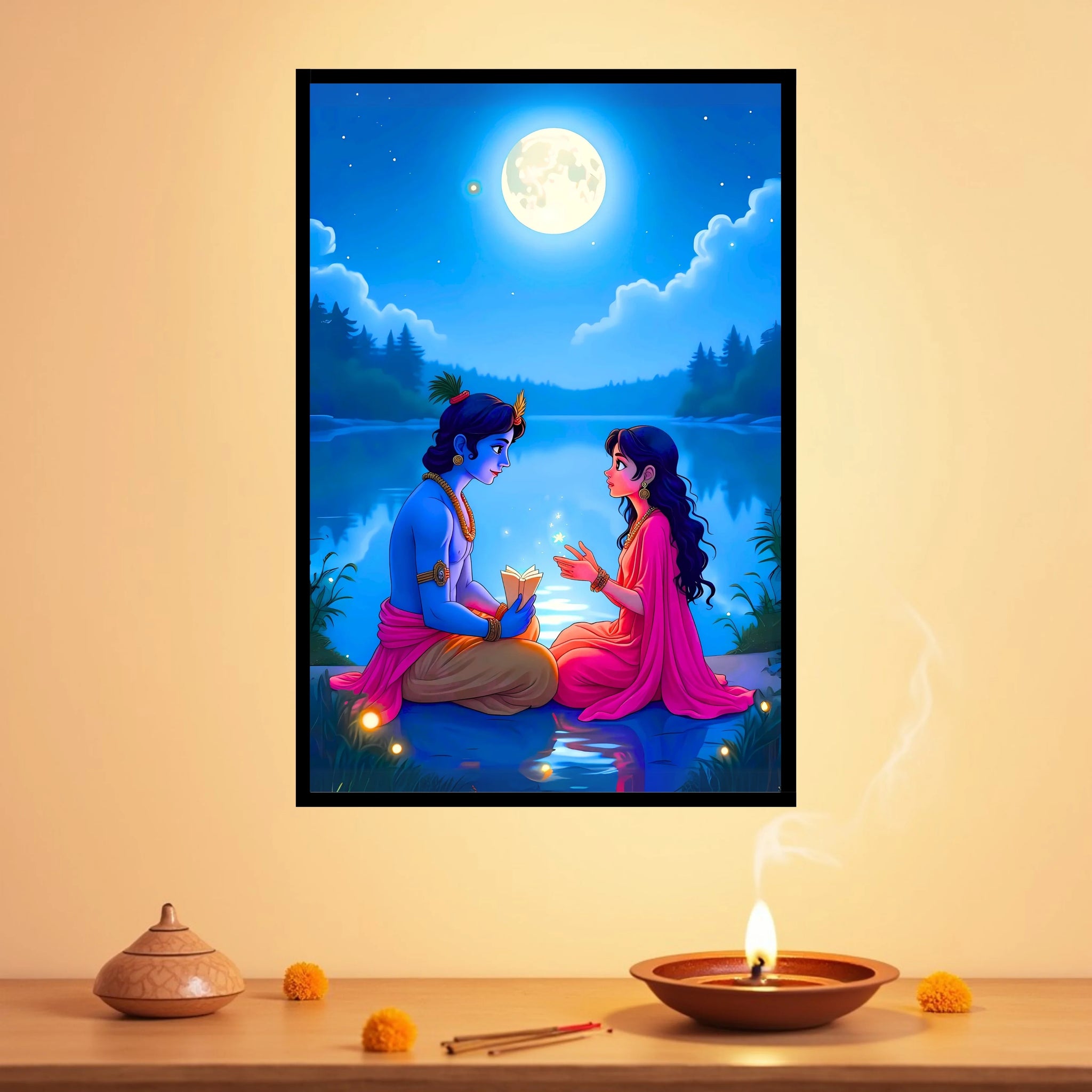 Radha Krishna: Moonlight Frame - A4 Size