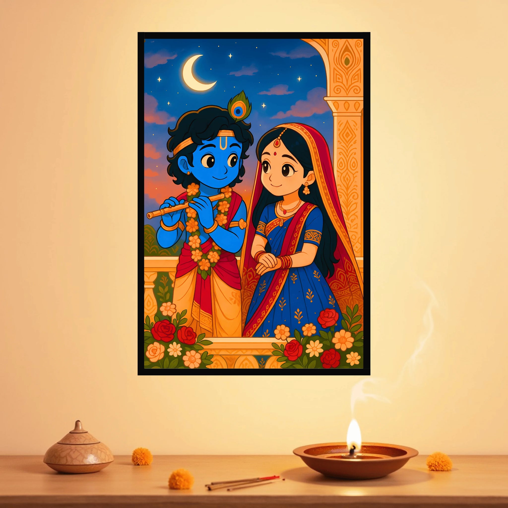 Moonlit Balcony Krishna & Radha Frame
