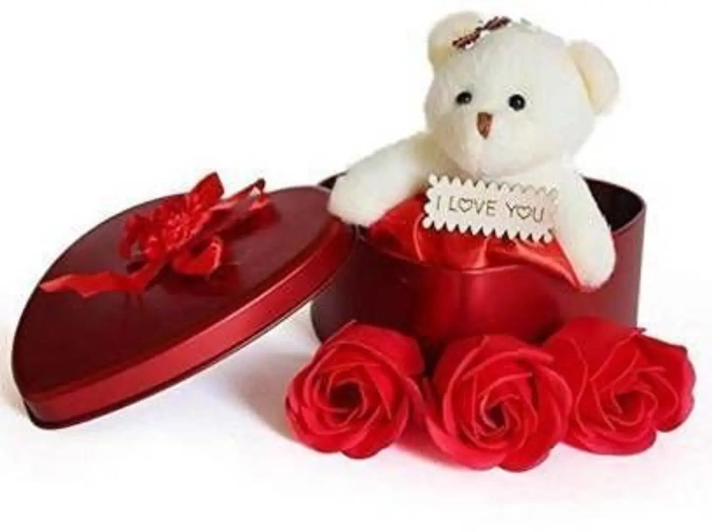 Love Gift Heart Shape Box With Teddy And Red Roses For Girls