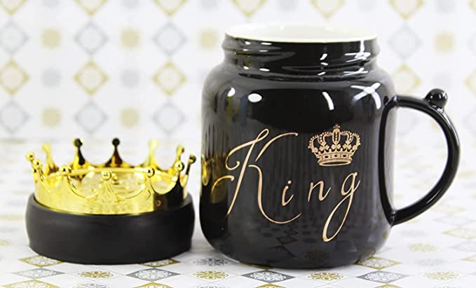 King and Queen Couple Mug with Crown Lid