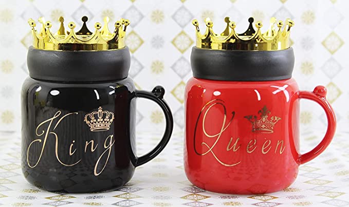 King and Queen Couple Mug with Crown Lid