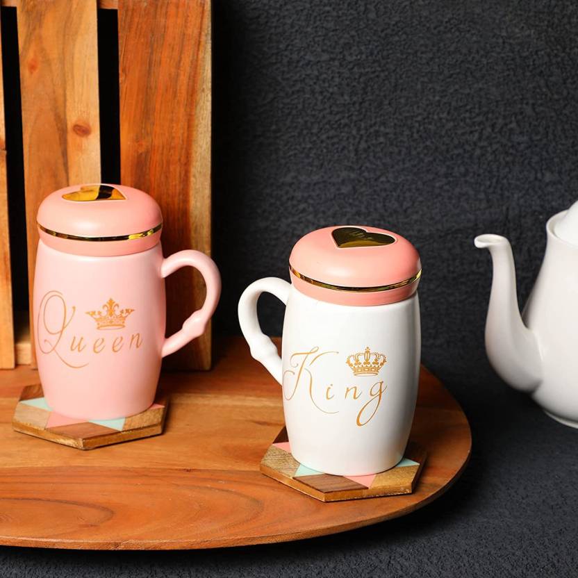 King & Queen Ceramic Coffee Mugs ( Baby Pink & White )