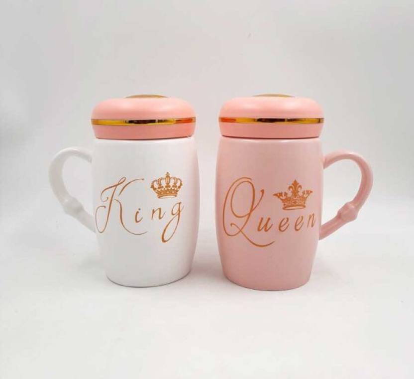 King & Queen Ceramic Coffee Mugs ( Baby Pink & White )